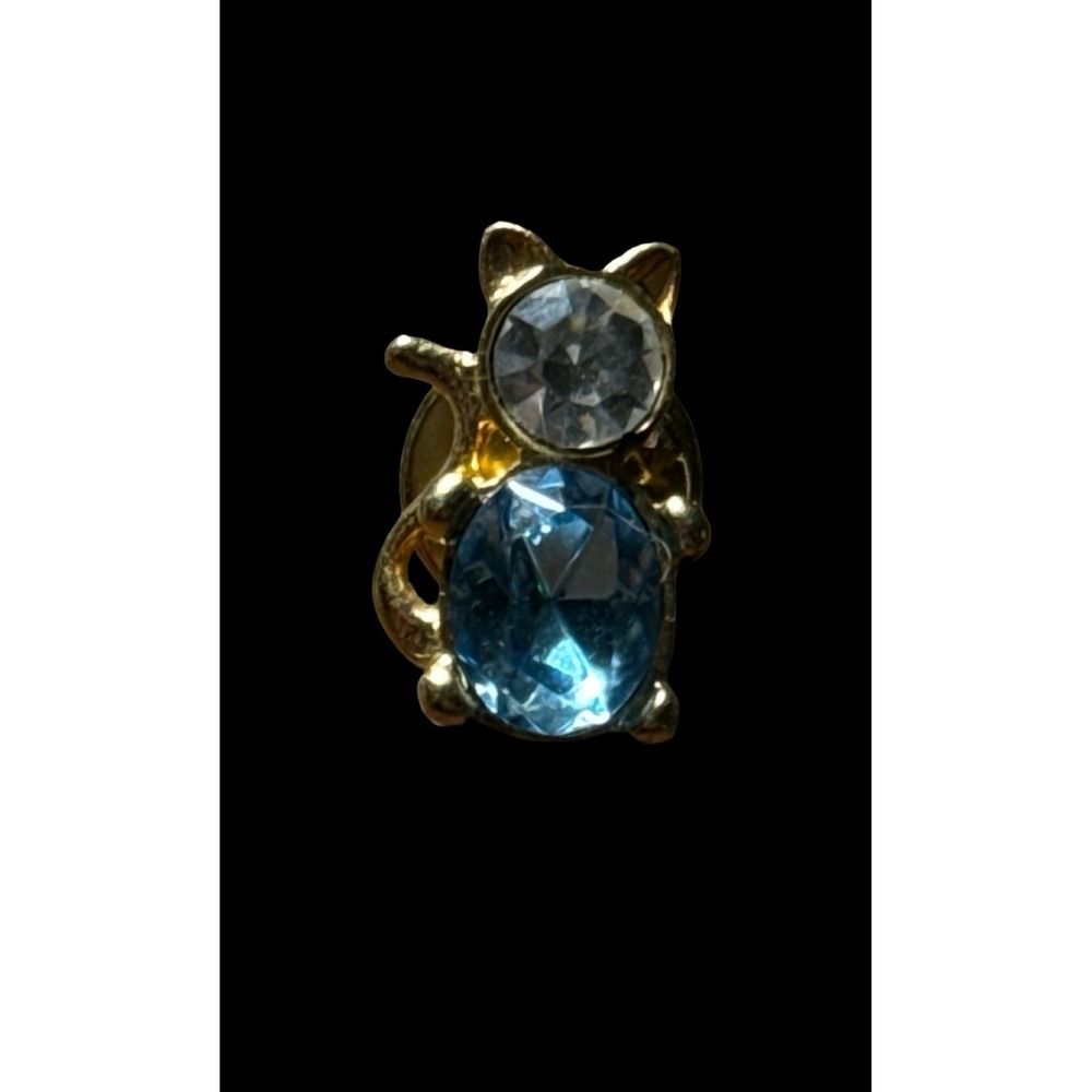 Vintage Avon Cat Stick Pin March Birthstone Aquamarine Rhinestone Figural Kitten